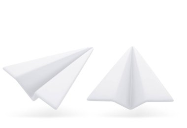 Beyaz renkli 3D Karikatür Kağıt Uçak. Sosyal Ağ Simgesi. 3d Görüntüleme Vektörü.