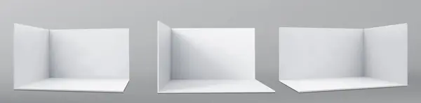 Vektör 3 boyutlu sergi kabini. Gösteri odası. Köşede. Boş geometrik kare. Boş kutu şablonu. Beyaz boş sergi standı. Sunum odası. Vektör illüstrasyonu