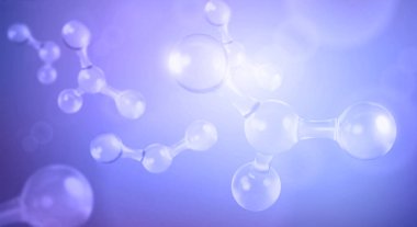 Açık mavi zemin üzerinde üç boyutlu cam molekülleri ya da atomlar. Biyokimyasal, eczacılık, güzellik ve tıp kavramı. Bilim ya da tıp. 