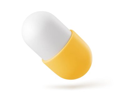 Vektör 3d Gerçekçi Sarı ve Beyaz Tıbbi İlaç, Kapsül, Tıp, Sağlık Konsepti