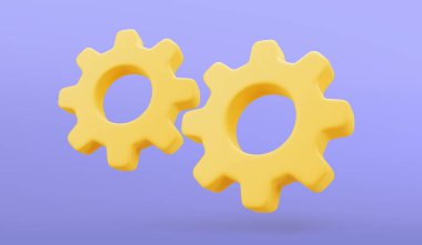 Sarı dişli yazılım geliştirme çalışma akışı rotasyon mekanizması donanım gerçekçi 3d ikon vektör illüstrasyonu. Endüstriyel optimizasyon iletim mühendisliği onarımı