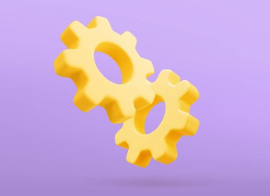 Sarı dişli yazılım geliştirme çalışma akışı rotasyon mekanizması donanım gerçekçi 3d ikon vektör illüstrasyonu. Endüstriyel optimizasyon iletim mühendisliği onarımı