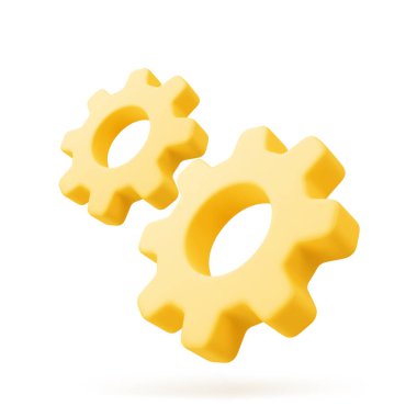 Sarı dişli yazılım geliştirme çalışma akışı rotasyon mekanizması donanım gerçekçi 3d ikon vektör illüstrasyonu. Endüstriyel optimizasyon iletim mühendisliği onarımı