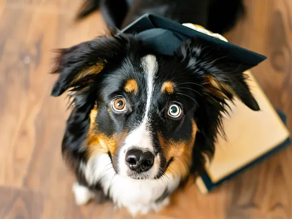 Akıllı Sınır Köpeği Collie mezuniyet şapkası takmış kameraya bakıyor. Yapay zeka