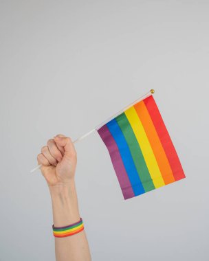 Bir kadın yumruğunda gökkuşağı bayrağı taşıyor. Eşitlik mücadelesinin bir sembolü.