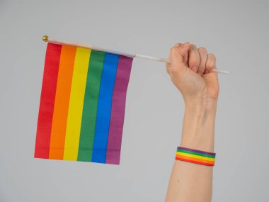 Bir kadın yumruğunda gökkuşağı bayrağı taşıyor. Eşitlik mücadelesinin bir sembolü.