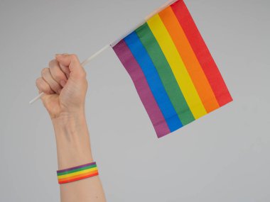 Bir kadın yumruğunda gökkuşağı bayrağı taşıyor. Eşitlik mücadelesinin bir sembolü.