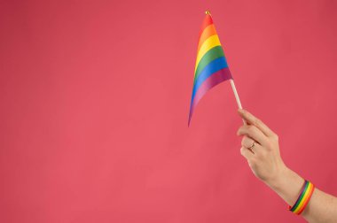 Alyanslı bir kadın pembe arka planda gökkuşağı bayrağı taşıyor.