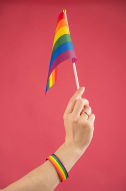 Alyanslı bir kadın pembe arka planda gökkuşağı bayrağı taşıyor.