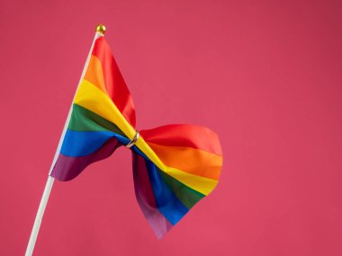 Elinde gökkuşağı bayrağı tutan kadın pembe arka planda alyansla bağlanmış.