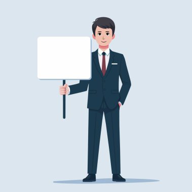 Takım elbiseli bir iş adamı boş bir işaret tutar. Görüntü basit ve vektör tabanlı, açık mavi-gri.