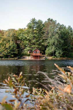 Göldeki ev, gölün manzarası. Algonquin Parkı, Kanada. 