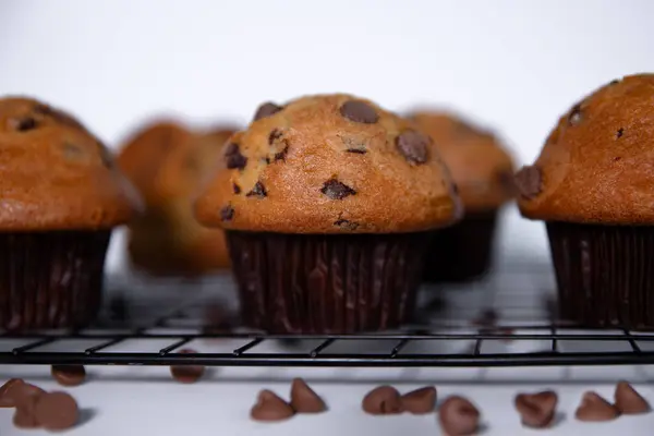 Beyaz arka planda çikolata parçacıklı çikolatalı kek. Seçici odak.
