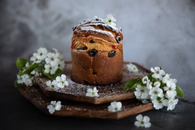 Tahta tepside kuru üzüm ve elma çiçekli Paskalya pastası. Seçici odak.