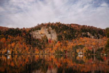 Quebec, Kanada 'da bulunan ve arka planında renkli bir orman bulunan bir dağ gölü barındıran sonbahar manzarası..