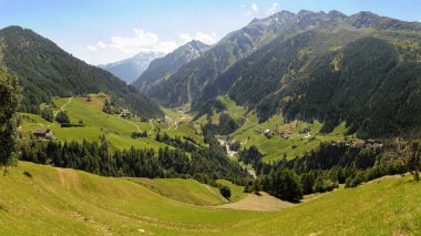 Güzel Alp Vadisi 'nde yeşil tarlaları olan bir panorama. Evler arasında dönüşümlü yollar var. Vadi orman yamaçlarıyla yüksek dağlar arasındadır. Fotoğraf, güneşli yaz gününde mavi gökyüzü ile çekilmiştir (Alplerde, Avusturya 'da çekilmiştir.)