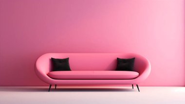 Siyah yastıklı modern bir pembe kanepe eşit derecede pembe bir duvara yaslanarak yapışık ve şık bir yaşam alanı oluşturuyor. Minimalist tasarım rahatlığı ve estetiği vurgular..