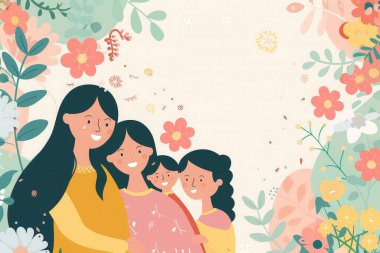 Mutlu Dört Kişilik Aile Anneler Günü Kutlaması İçin Renkli Çiçeklerle çevrili