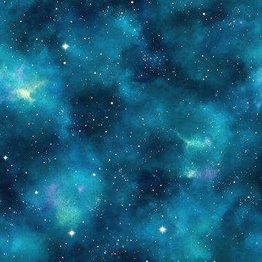 Mavi ve Teal 'in Gölgelerinde Yıldızlar ve Nebula' nın yer aldığı canlı soyut kozmik tasarım