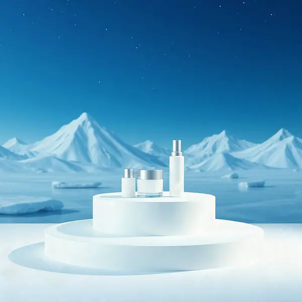 Stock image Abstract 3d render winter scene and Natural podium background, Ice podium on the ice mountain cave for product display, advertising, mockup