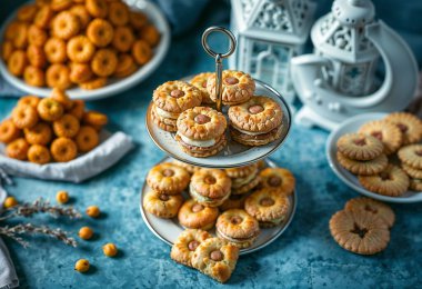 Tea time at home must haves love it,Arabic cuisine. Maamoul with dates, pistachio or walnuts . Traditional middle eastern sweets for celebration Eid Al- Fitr after Ramadan  clipart