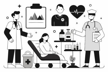 Quality Isometrics, medical workers and patients, hospital bed, MRI, X-ray scanner, ultrasound scanner, dental chair, operating room. clipart