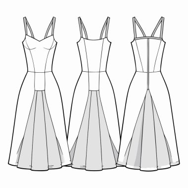 Midi dress. Fashion sketch. Vector illustration. Flat technical drawing. Mockup template.Women dresses mockup, white or black long gown clipart