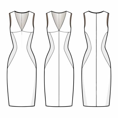 Midi dress. Fashion sketch. Vector illustration. Flat technical drawing. Mockup template.Women dresses mockup, white or black long gown clipart