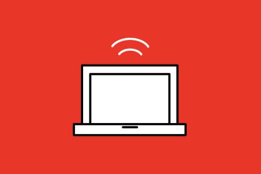 Kırmızı arkaplanda kablosuz ağ sinyali simgesi olan dizüstü bilgisayar. Vektör illüstrasyonu.