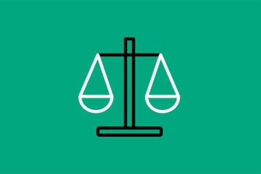 Adalet terazisinin simgesi düz stil. Yeşil arkaplanda Adalet vektörü illüstrasyonu.