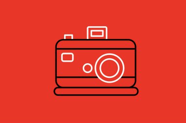 Kamera simgesi kırmızı arkaplanda modayı takip ediyor. Vektör illüstrasyonu.