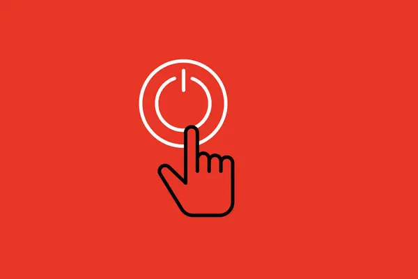 Power button icon. Hand pointer. Vector illustration on red background.