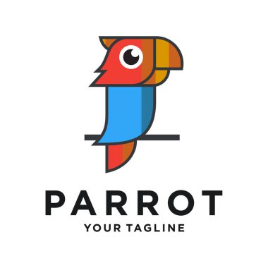 Papağan vektör logo tasarım şablonu. Grafiksel egzotik kuş logoti işareti ve sembol. Geometrik çizgi biçim çizimi arkaplanda izole edildi. Veteriner kliniği hayvan maması için tropik hayvan rozeti.