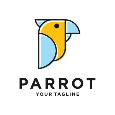 Papağan vektör logo tasarım şablonu. Grafiksel egzotik kuş logoti işareti ve sembol. Geometrik çizgi biçim çizimi arkaplanda izole edildi. Veteriner kliniği hayvan maması için tropik hayvan rozeti.