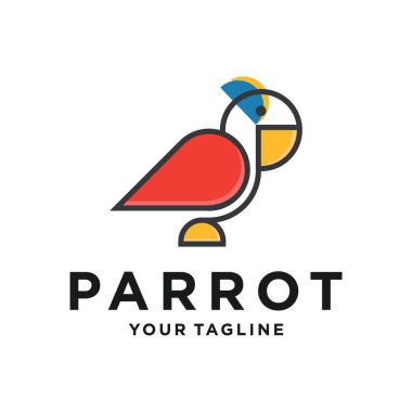 Papağan vektör logo tasarım şablonu. Grafiksel egzotik kuş logoti işareti ve sembol. Geometrik çizgi biçim çizimi arkaplanda izole edildi. Veteriner kliniği hayvan maması için tropik hayvan rozeti.