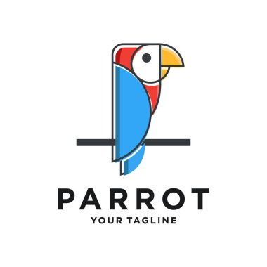Papağan vektör logo tasarım şablonu. Grafiksel egzotik kuş logoti işareti ve sembol. Geometrik çizgi biçim çizimi arkaplanda izole edildi. Veteriner kliniği hayvan maması için tropik hayvan rozeti.