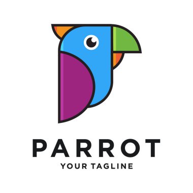 Papağan vektör logo tasarım şablonu. Grafiksel egzotik kuş logoti işareti ve sembol. Geometrik çizgi biçim çizimi arkaplanda izole edildi. Veteriner kliniği hayvan maması için tropik hayvan rozeti.