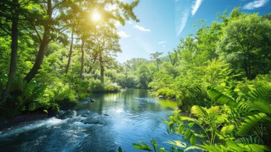 Serene Earth Day Scene with Greenery Rivers Blue Sky arka plan işleriniz, posterleriniz, duvar kağıtlarınız, afişleriniz, tebrik kartlarınız ve ticari kuruluşlar veya markalar için reklamlarınız için.