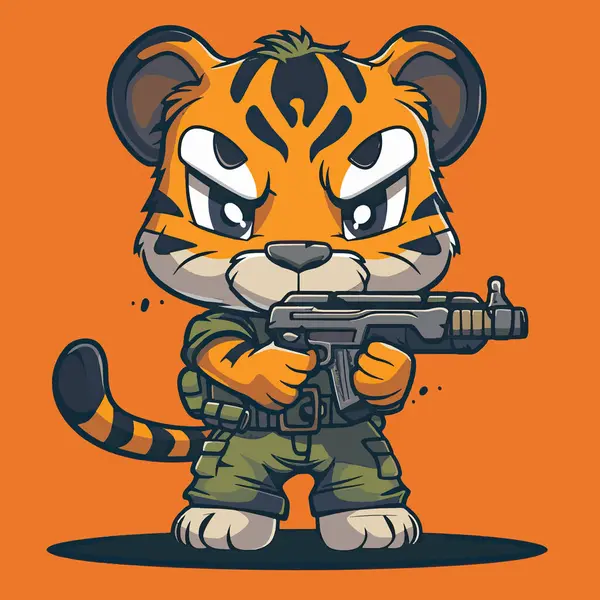 Adorable Tiger Weapon Game Hero Style — Stock Vector