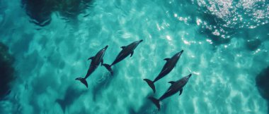 An aerial view of a group of dolphins swimming in turquoise waters. The dolphins are swimming in a line, and their fins and tails are visible.AI Generated clipart