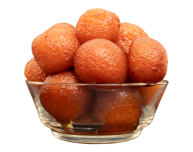 Gulab jamun Indian Tatlısı ya da şeffaf cam kasede şeffaf arka planda tatlı