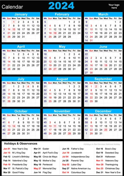 calendar for 2024 with English language and English holidays. English language starts on Monday, vector template
