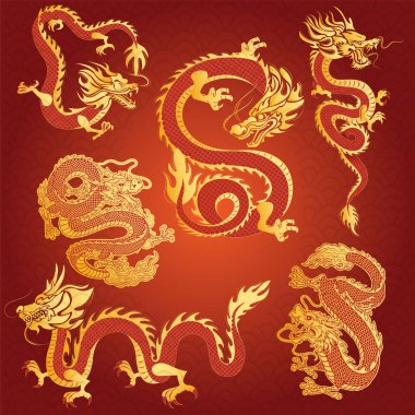 2024 Çin Yeni Yılı kapak, kart, poster ve afiş için kırmızı, altın ve beyaz renklerle modern sanat tasarımı. Çin Zodyak Ejderhası sembolü. Hiyeroglifler, Mutlu Yıllar ve Ejderhanın sembolü anlamına gelir.