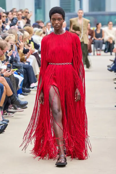 Calcaterra - Runway - Milan Moda Haftası - Kadın giyim / Yaz 2025MILAN, İtalya - 20 EPTEMBER 2024: İtalya 'nın Milano kentinde Milan 2024 yılındaki Calcaterra defilesinde bir model podyumda yürüyor. Fotoğraf: Mauro Di Bonaventura)