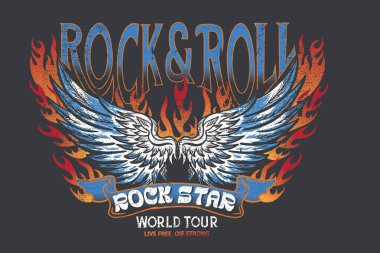 Giysiler, çıkartmalar, posterler, arka plan ve diğerleri için kuş ve ateş vektör çizimleri. Rock dünyası turnesi sanat eserleri. Rock yıldızı sanat eseri. Kartal müzik poster tasarımı. Rock and roll klasik baskı tasarımı.
