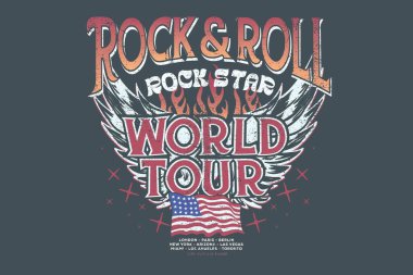 Rock 'n Roll klasik baskı tasarımı. Giyim, çıkartma, poster, arkaplan ve diğerleri için gitar vektör çizimleri. Müzik sonsuza dek sanat eseri kartal kanadı ve ateş tasarımı. Amerika bayrak müzik poster tasarımı.