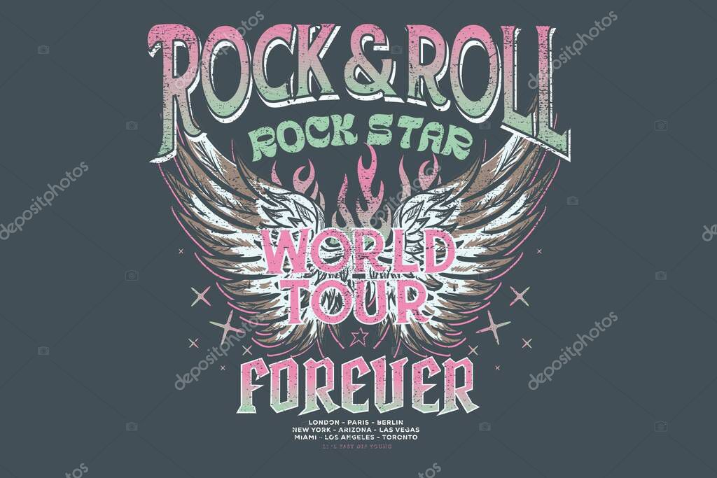 Eagle wing and fire design. Microphone music poster design. Rock and roll vintage print design. Guitar vector artwork for apparel, stickers, posters, background and others. Music forever artwork.