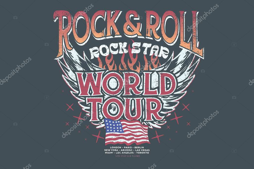 Rock and roll vintage print design. Guitar vector artwork for apparel, stickers, posters, background and others. Music forever artwork.. Eagle wing and fire design. America flag music poster design.