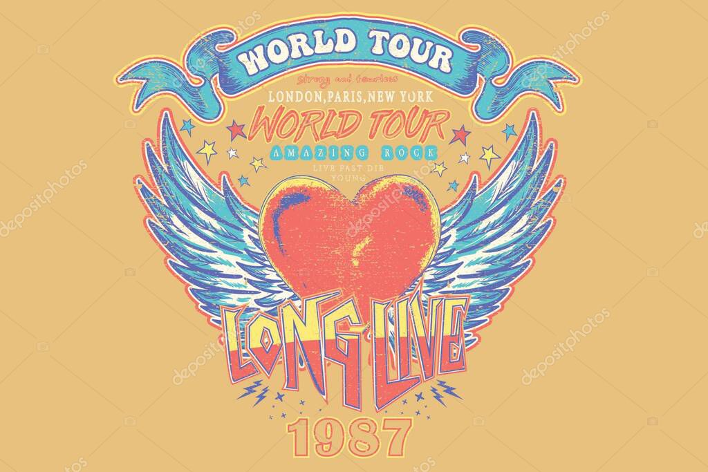 Music world tour. Eagle vintage vector t shirt design. Rock and roll with wing logo artwork for apparel and others. Heart music poster design.