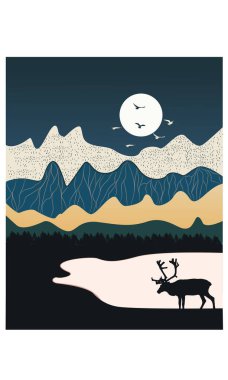 Dağ modern sanat ve göl. Geyik tasarımı ve diğerleri için..